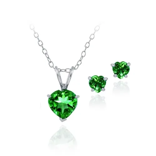 Sterling Silber 2,4ct geschaffen Grünen Quarz Herz Solitaire Anhänger & Stud Ohrringe Set