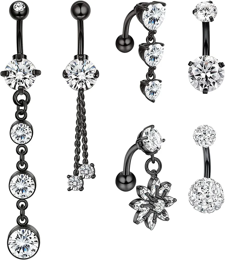 14G Bauchknopfringe für Frauen Süße Kubik Zirkonia Nabelring Piercing Chirurgische Bauch Piercing Long Dangle Kurze Umkehr Bauchknopfringe Set Körper für Frauen