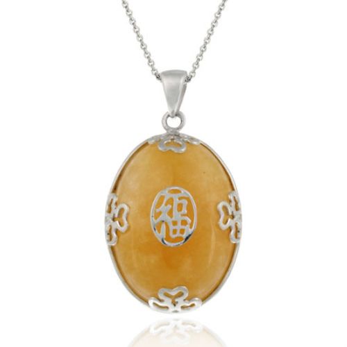 Sterling Silber und Honig Jade Chinesisches Motif 'Glück' Oval Anhänger