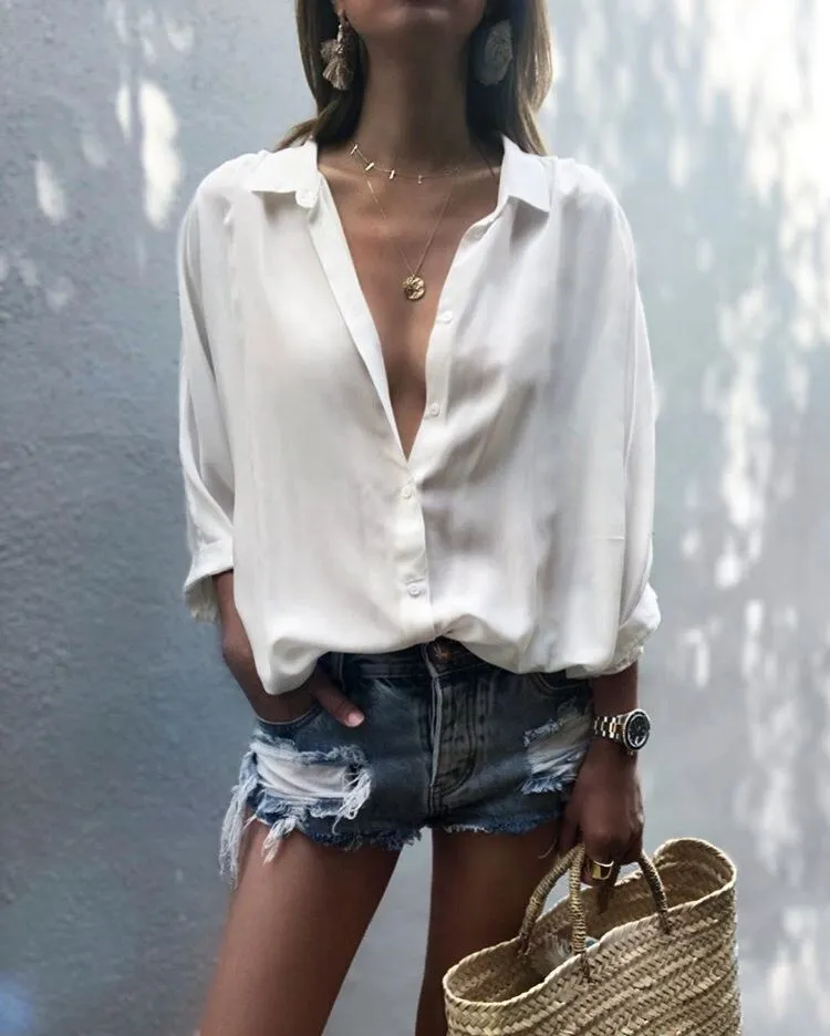 Damen Tiefe V-Hals Knopf Chiffon Shirt Shirt Damen Kleidung