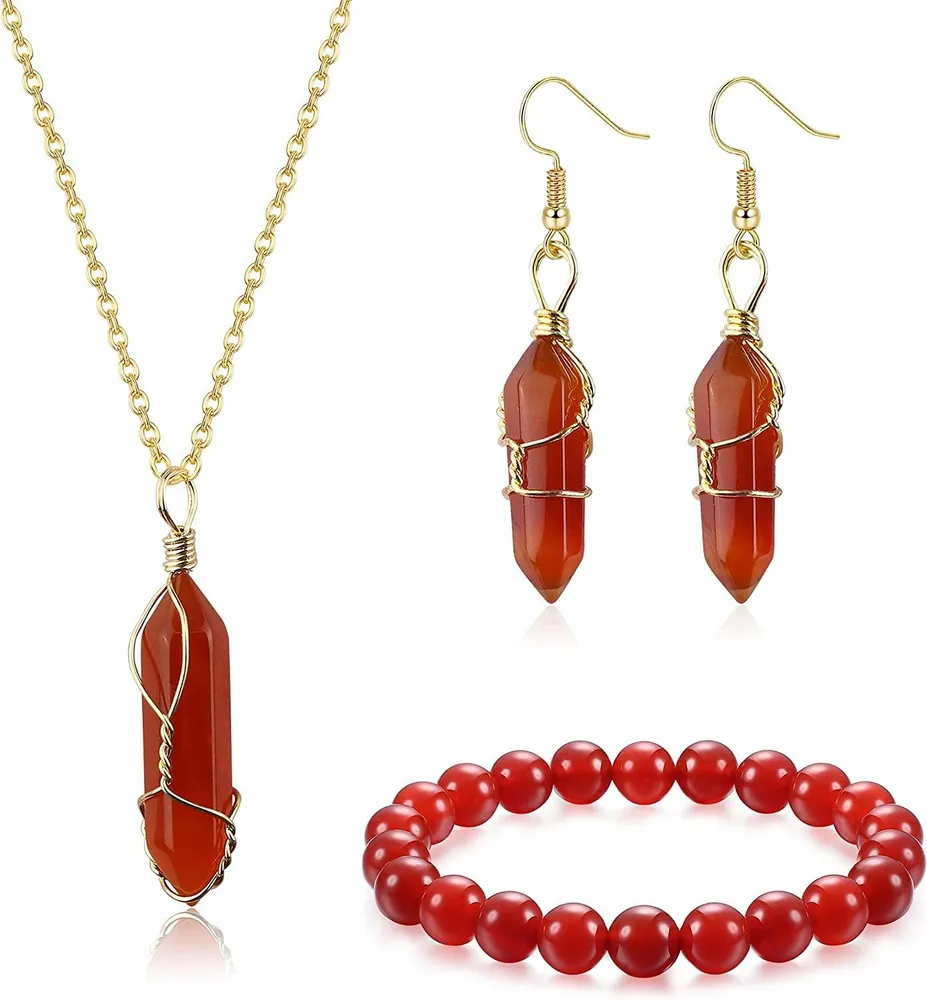 Karnelian Crystal Kette Set für Frauen Rot Purple Heilung Kristall Anhänger Kette Kristall Armband Karnelian Ohrringe Spirituelle Heilung Kristall Schmuck