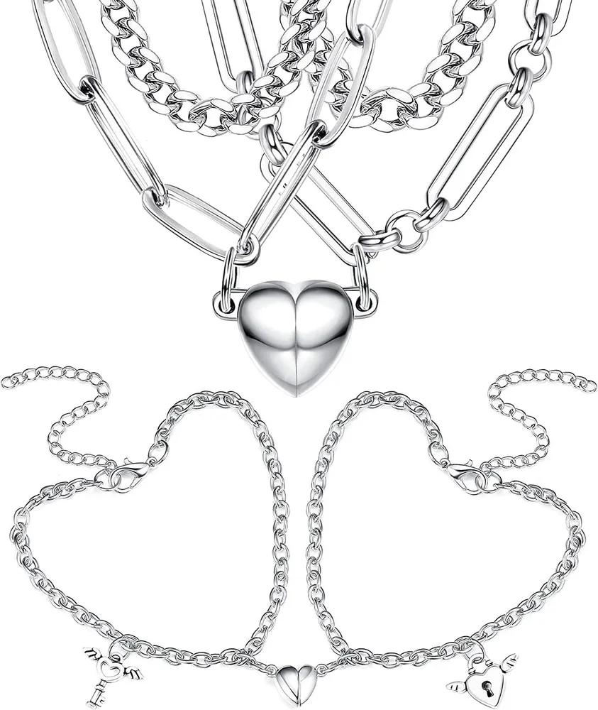 4pcs Magnetic Couple Armband Kette Set BFF Matching Armbänder Kette für Paare Edelstahl Kubanische Kette Halbherz Kette Paare Armbänder für Freund und Freundin