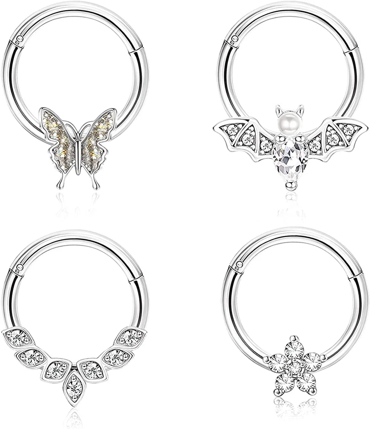 4pcs 16G Septum Ringe Edelschleife Nasenring Knorpel Helix Piercing Tragus Hoop Daith Ohrringe CZ Schmetterling Blumen Fledermaus Piercing Septum Jewelly