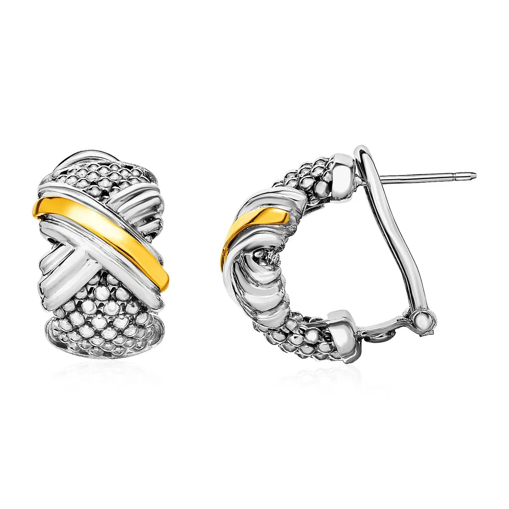 Popcorn Textur Ohrringe mit X-Motif in Sterling Silber und 18 Karat Gelbgold