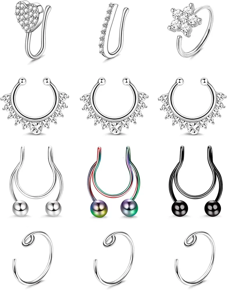 Falsche Nase Ring-Schleife für Frauen Männer Edelstahl-Clip auf Faux Lippe Ohr Nase Septum Ringe CZ Eingezogen Nasen Manschette Non Piercing 12 Stück