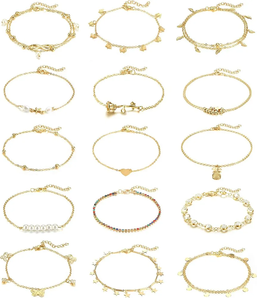 15 Pcs Knöchel-Armbänder für Frauen Knöchel-Armbänder Kette einstellbar süßer Stern Perlherz Schmetterlings-Ankleine Boho Schicht Knöchel-Armbänder Set Strand