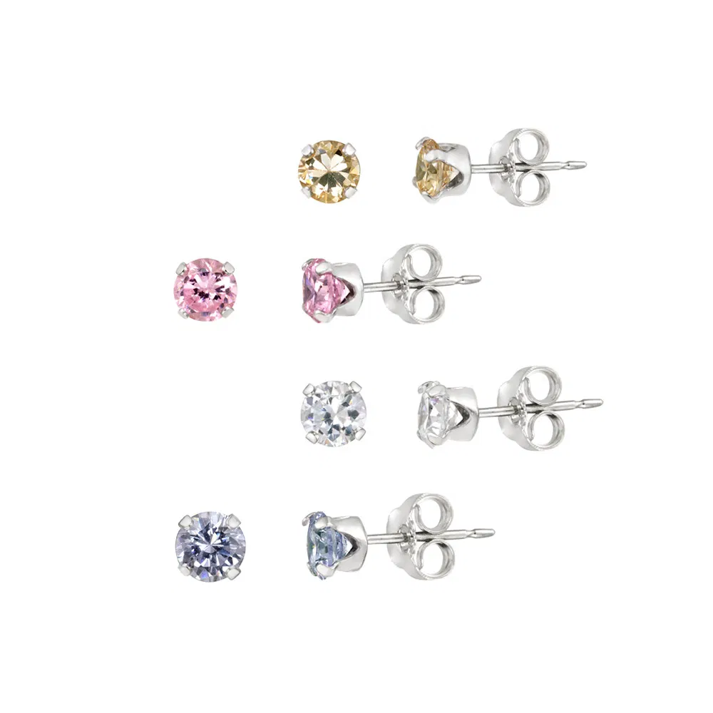Sterling Silver Multi Color CZ 4mm Stud Ohrringe, Satz von 4