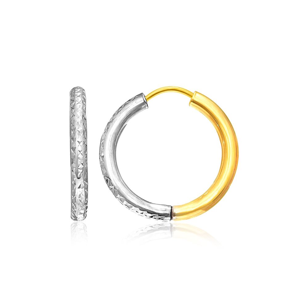 14 Karat Zwei-Ton Gold Hoop Ohrringe mit texturisiertem Stil (2.5x15mm)