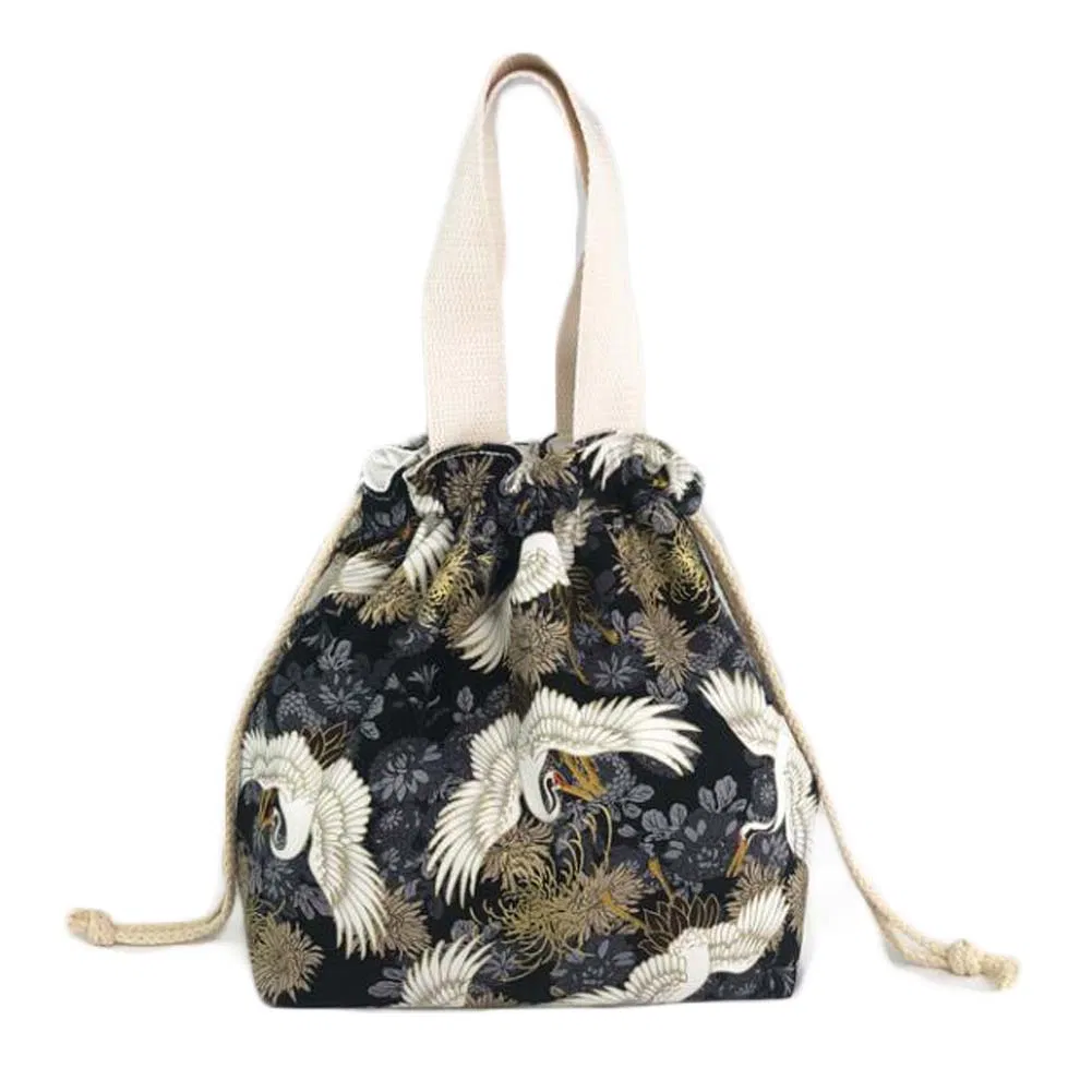 Schwarz Chrysanthemum Krane Zipper Mittagessen Tasche japanischer Stil Canvas süße Mittagessen Box Bento Tasche große Kapazität Mittagessen Tote Tasche