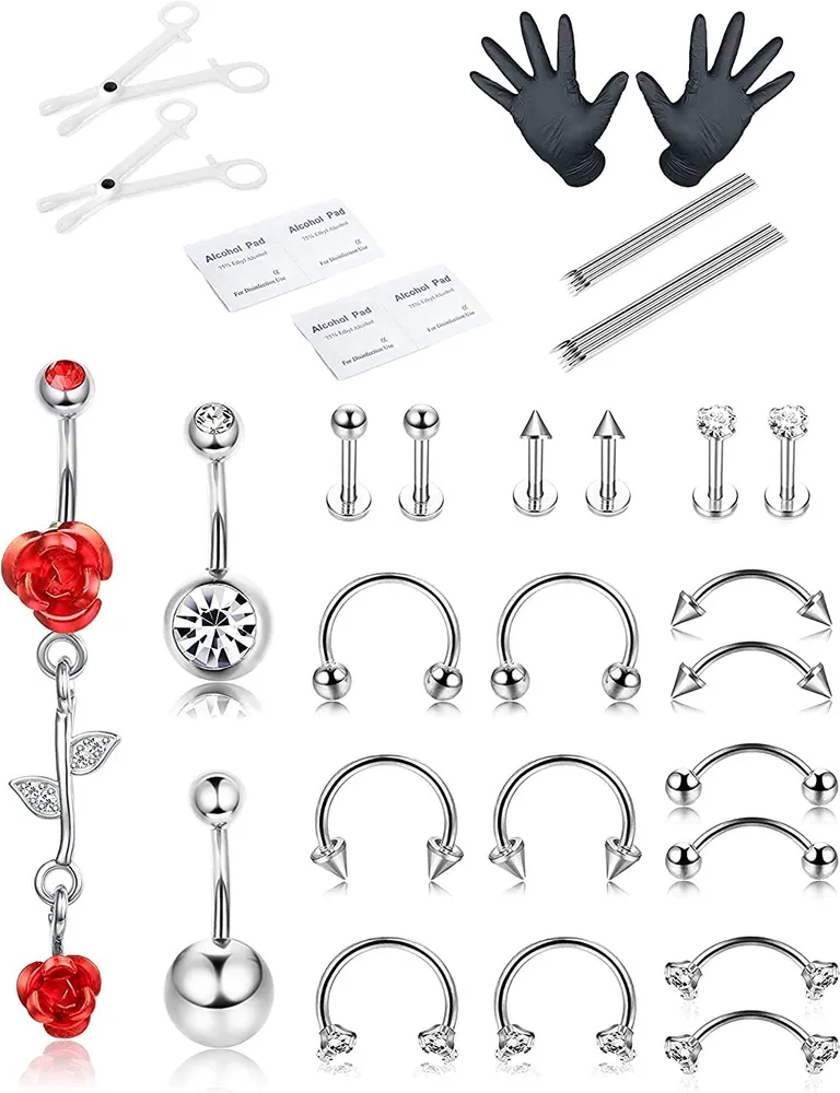 21PCS Professional Piercing Kit Edelstahl Bauchknopf Ringe Septum Nasen Lippen Labret Augenbrauen Knorpel Tragus Ringe Körper Piercing Werkzeuge