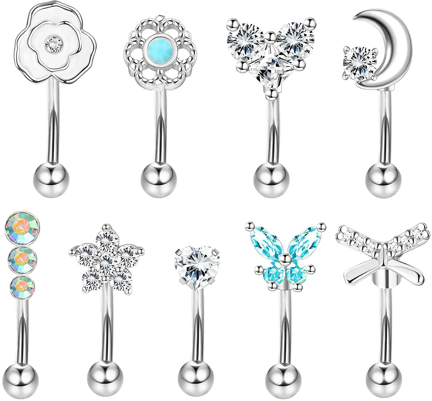 Rook Daith Piercing 16G Chirurgische 6mm 8mm Kurven Barbell Schmetterling Mondherz Blume Augenbrauenringe Helix Tragus Snug Lippen Bauchknopf Piercing Daith Rook Ohrringe für Frauen Männer