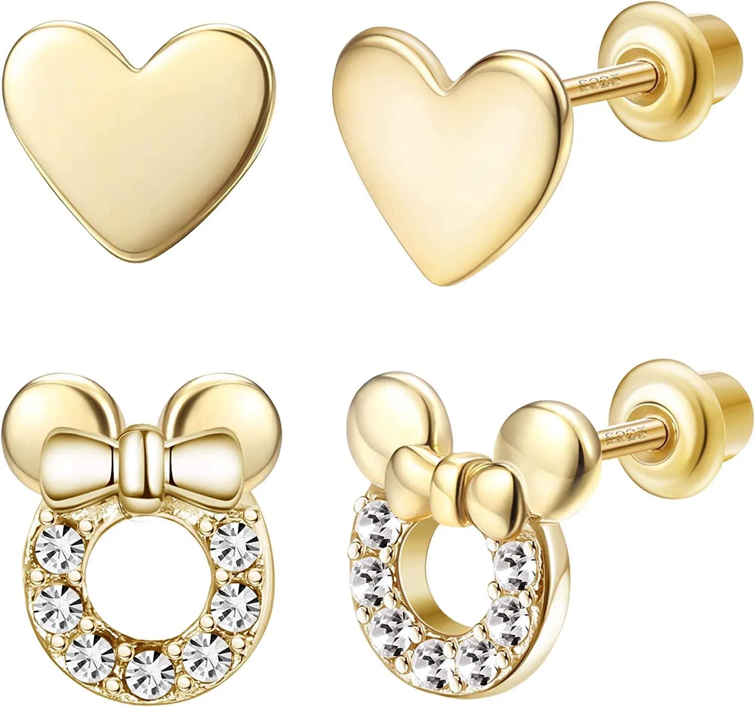 2Paare 925 Sterling Silber Maus Kubik Zirkonia Plain Herz Screwback Ohrringe für Frauen süße Dainty Stud Ohrringe Set