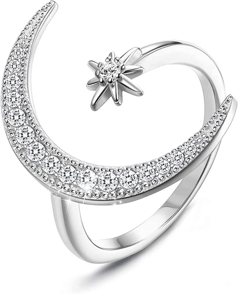 925 Sterling Silber Ring für Frauen Mädchen verstellbarer Öffnungsring Crescent Moon und Stern Ring mit Kubik Zirkonia Patron Saint Series Ring Schmuck