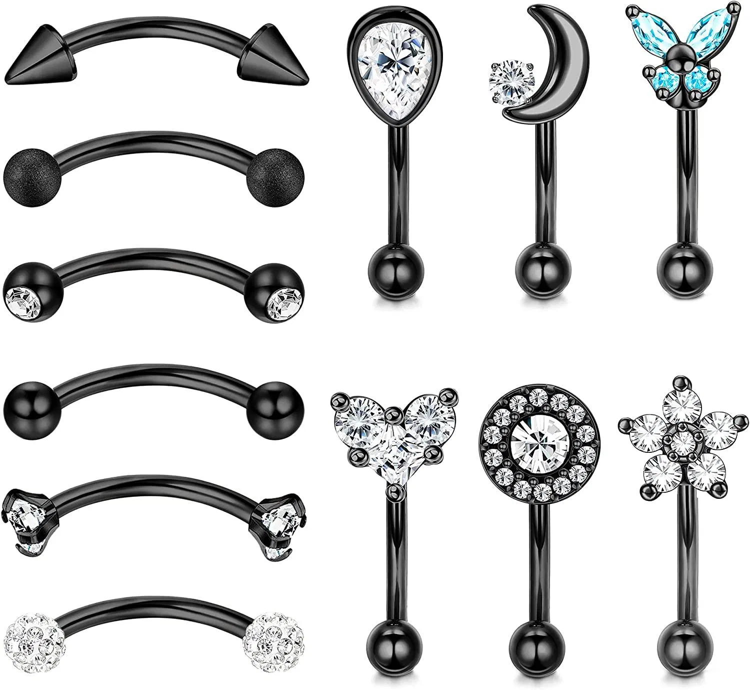 12pcs Rook Augenbrauen Piercing Schmuck 16G Augenbrauen Lippe kurze Bauchringe gekrümmte Barbell Daith Rook Ohrringe für Frauen