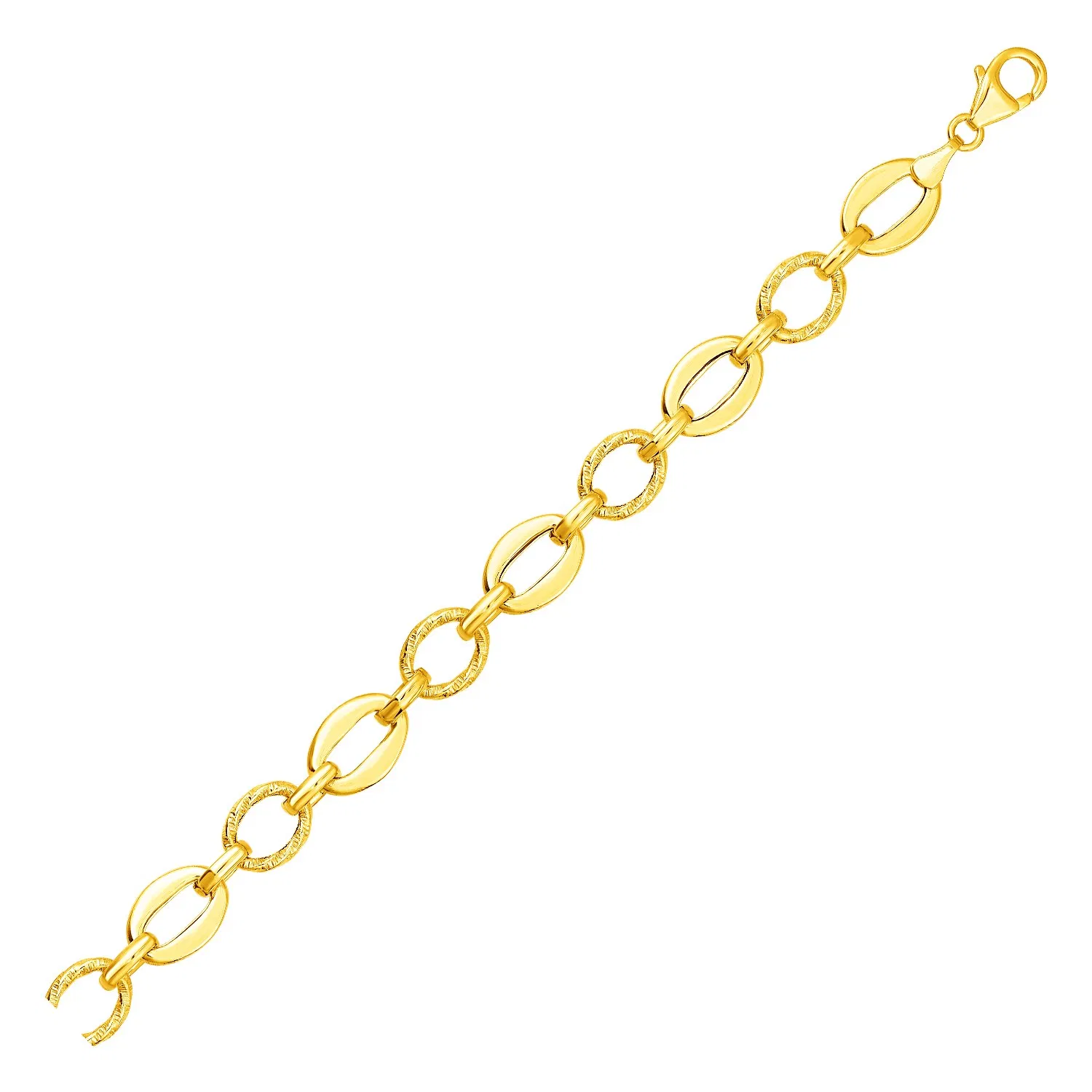 Glanzendes und texturisiertes Oval Link Armband in 14 Karat Gelbgold