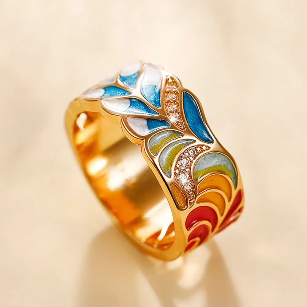 Huitan Handgemachte Emaille Ring für Frauen Farbenfrohe Feder Muster Goldfarbe Kubik Zirkonia Ring Romantische Braut Hochzeitsschmuck