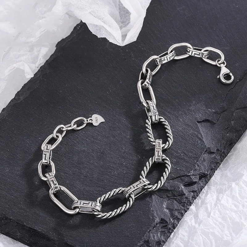 S925 Silber Armband Classic Great Wall Print Persönlichkeit Punk Stil