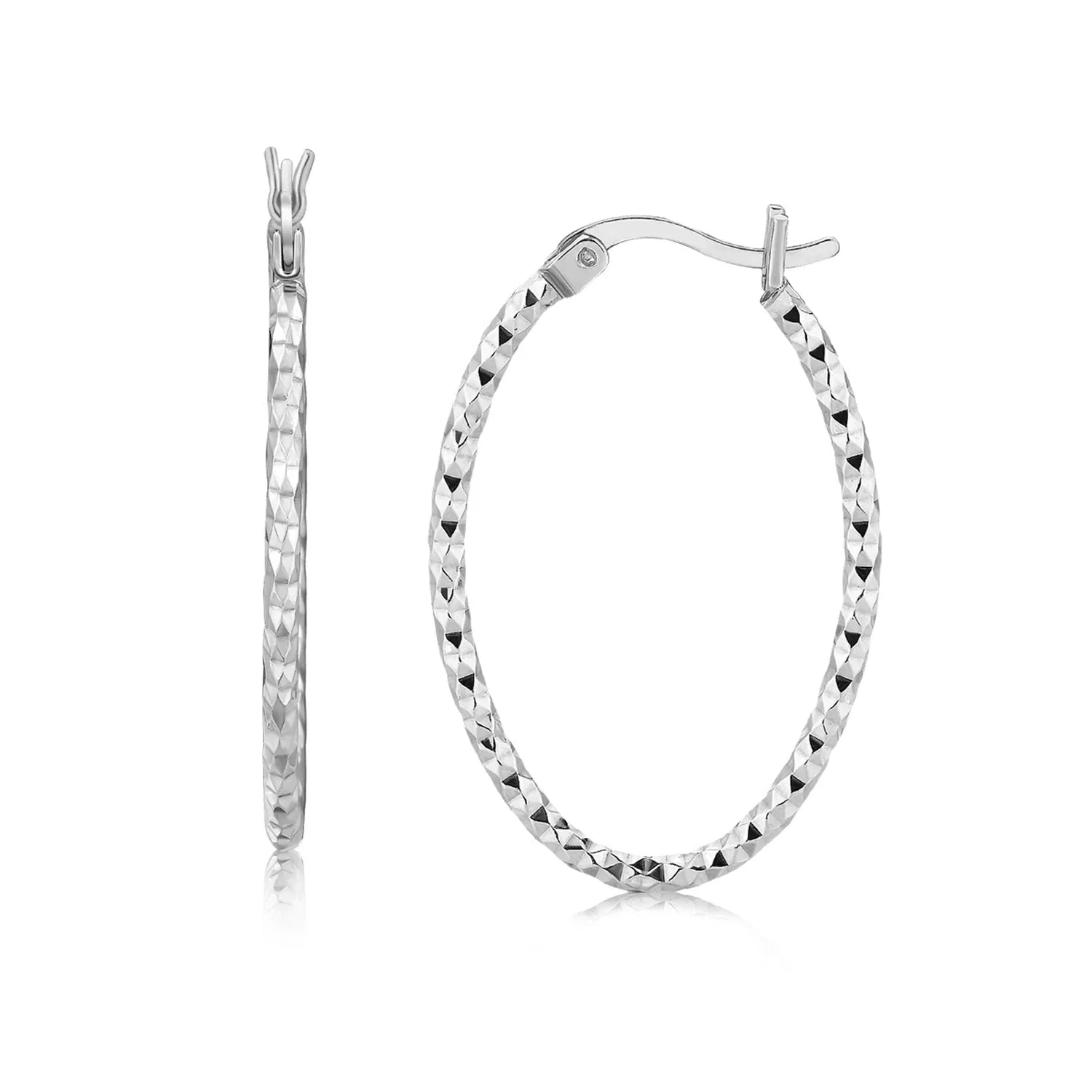 Sterling Silver Rhodium Plated Textured Diamond Cut Classic Hoop Ohrringe (2x25mm)