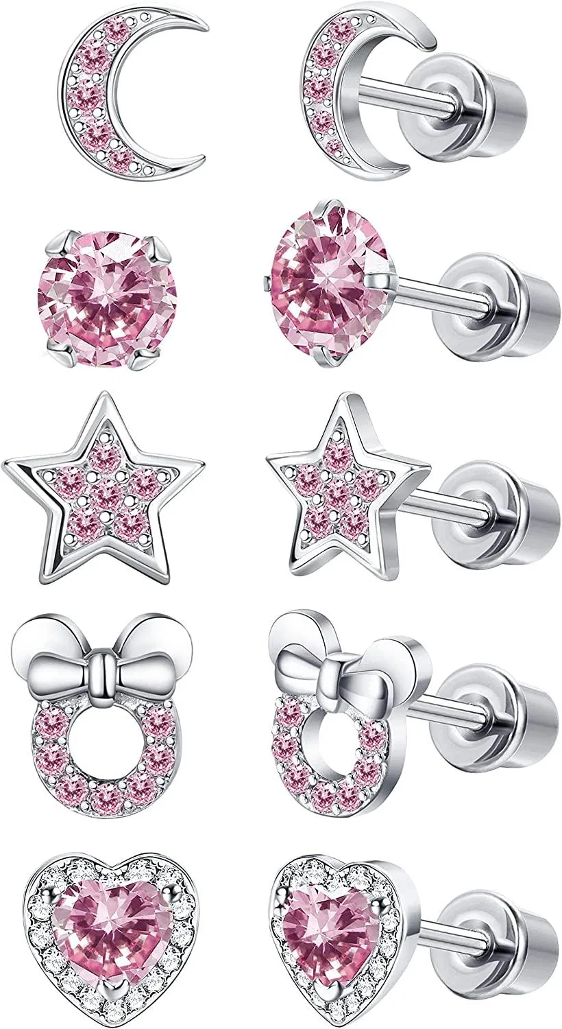 5 Piars Screwback Ohrringe für Frauen Egirls Herz Mond Stern CZ Schrauben zurück Ohrringe 316l Edelstahl Ohrringe Set Tragus Knorpel Jewellrey