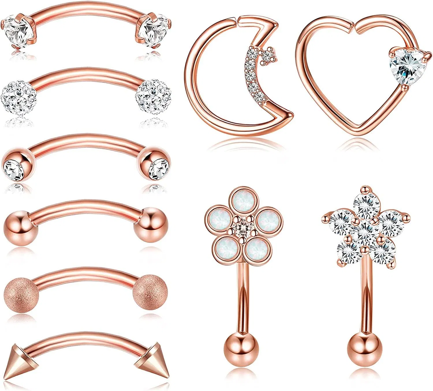 10pcs 16G Rook Curved Barbell Augenbrauenringe für Frauen Männer 316L chirurgische Bauch Lippenring Opal CZ Herz Daith Knorpel Ohrringe Anti Tragus Forward Helix Body Piercing 6MM 8MM