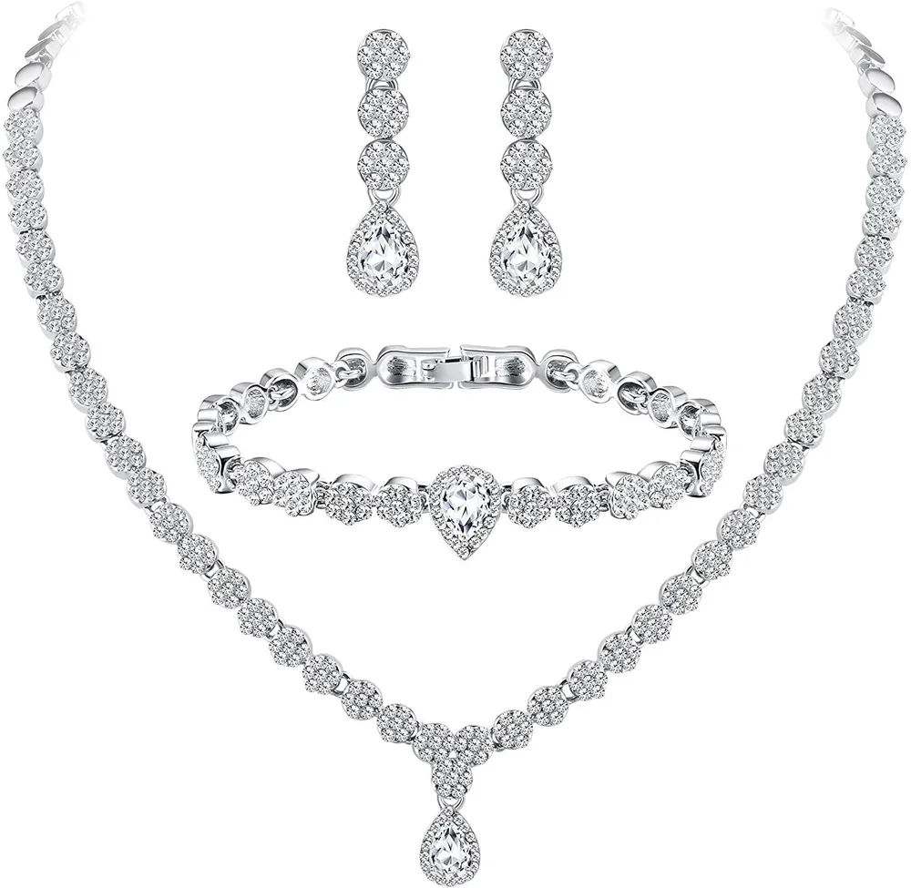 Hochzeitsschmuckset für Frauen Weißgold Platte Brautschmuckset mit 5A + Kubik Zirkonia Schmuckset Halskette Ohrringe und Armband Schmuckset