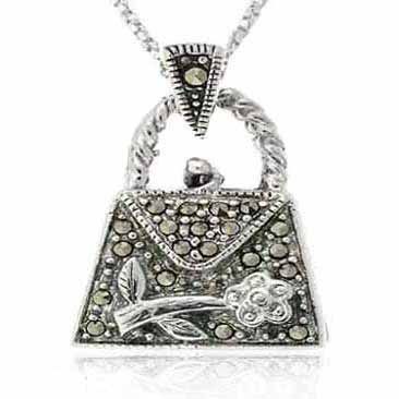Sterling Silber Marcasit Tasche mit Blumen Anhänger