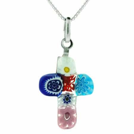 Sterling Silber Round Murano Glas Millefiori Kreuz Anhänger