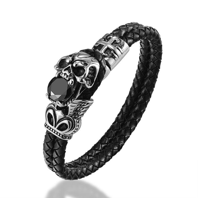 Herren Leder Armband geflochten Seil Schädel