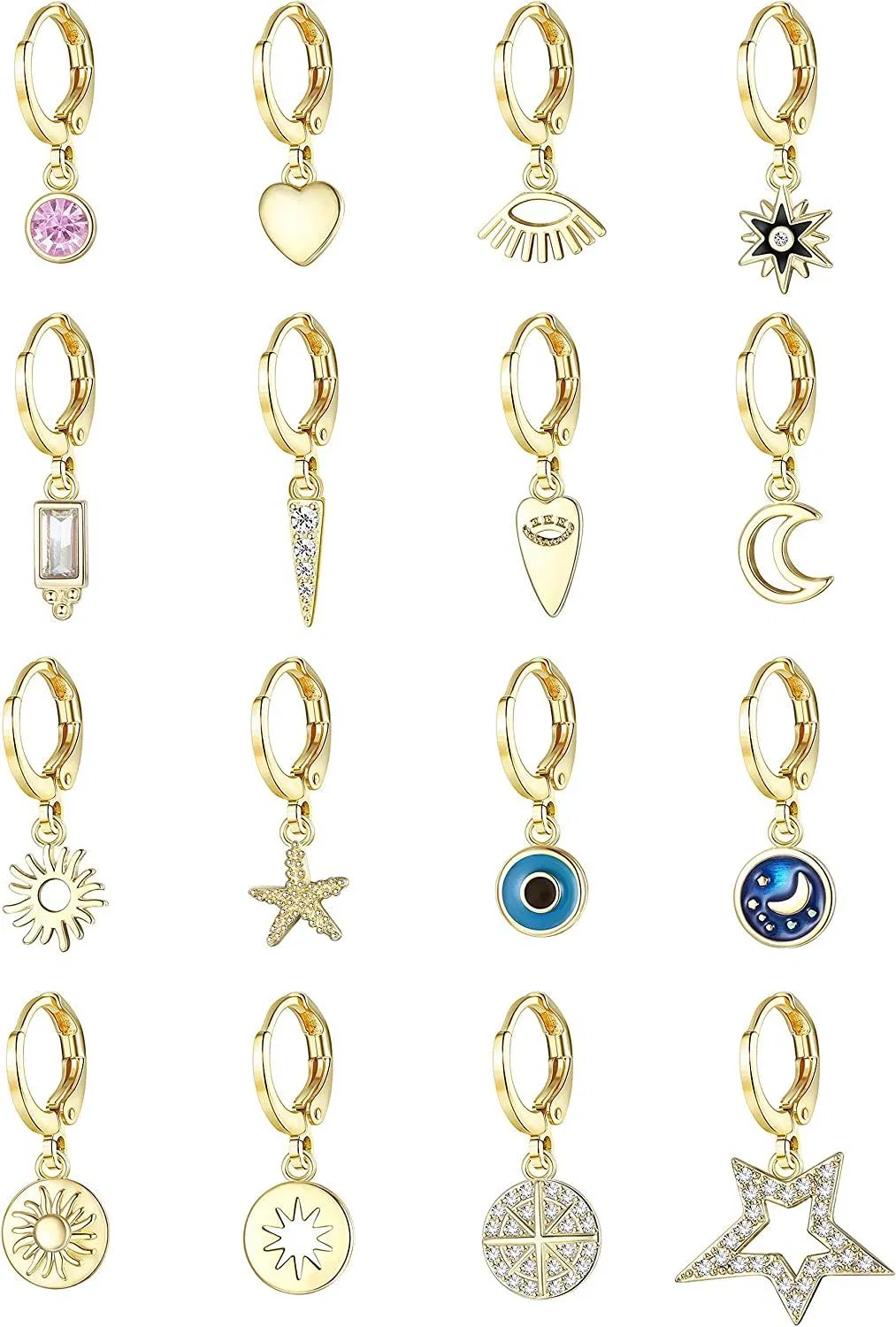 16 PCS Gold-Ton plattiert kleine Dangle Ohrringe Set mit Charme für Frauen Mini Hoop Dangle Ohrringe CZ Huggie Hoop Ohrringe