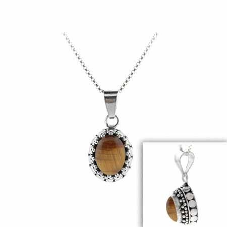 Sterling Silber Echt Tiger Eye Stone Bali Perlen Oval Anhänger
