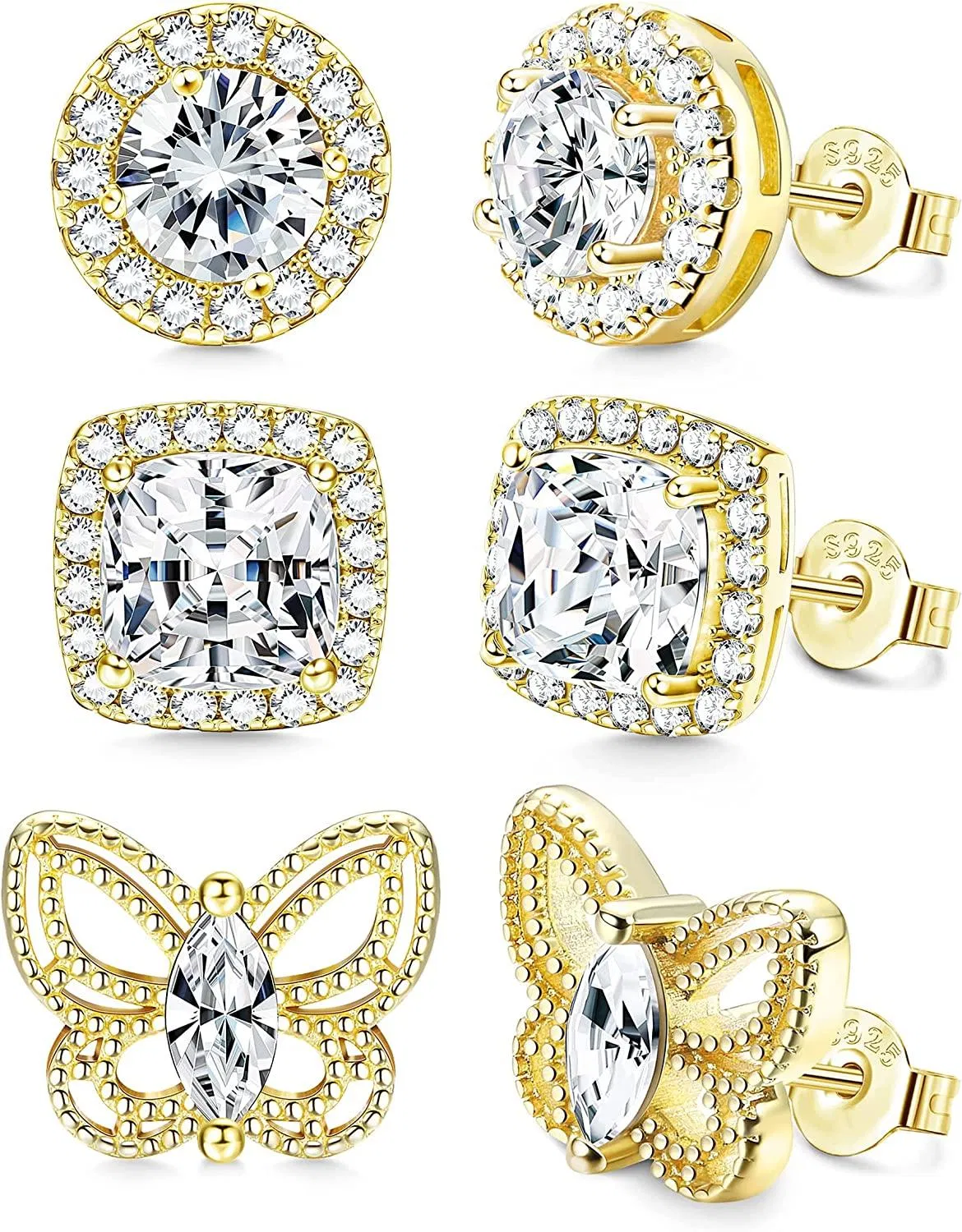 3Paare 925 Sterling Stud Ohrringe Set für Frauen Mädchen Kubik Zirkonia Brilliant Round Square Butterfly Faux Diamond Halo Ohrringe für Braute Brautjungfer Hochzeit