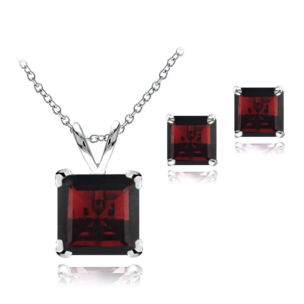 Sterling Silver 3,6ct TGW Garnet Square Solitaire Anhänger & Stud Ohrringe Set, 18