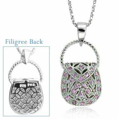 Sterling Silber Pink Diamond Cubic Zirkonia Filigree Handtasche Anhänger