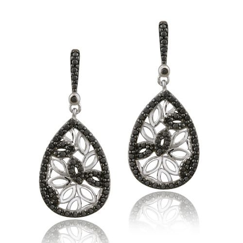 Sterling Silver Black Diamond Accent Filigree Teardrop Dangle Ohrringe