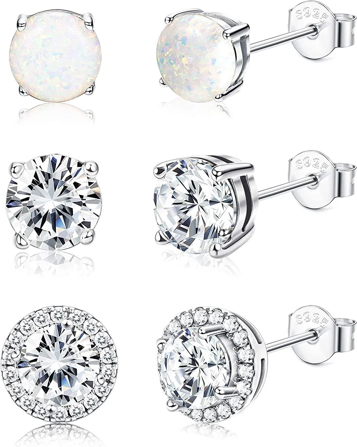 3 Paare 925 Sterling Silber Stud Ohrringe CZ Opal Stud Ohrringe Set für Frauen mit Geschenkbox