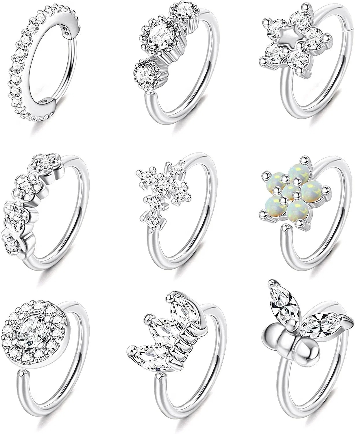 9pcs Edelstahl Nasen Ringe Schleife Pflaster CZ Bendebare Nasen Knorpel Schleife Ringe Schmetterlingsblume Nasen Piercing für Frauen Männer 20G