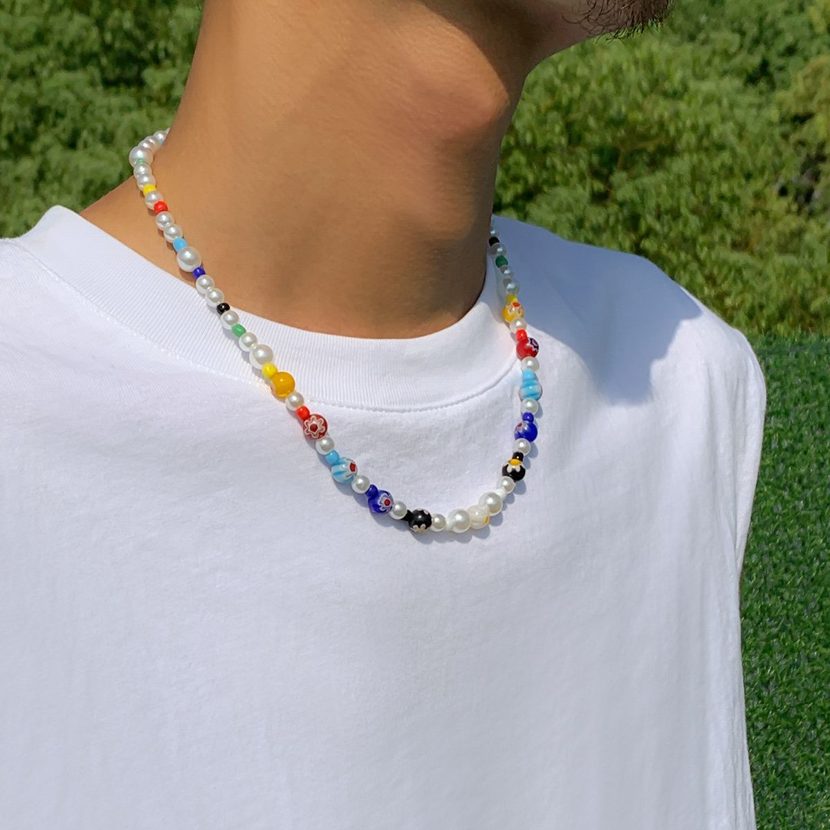 Farbenfrohe ethnische Druck Glasperle und Perlenkette - Perfektes Geschenk für Männer mit mehreren Perlensträngen