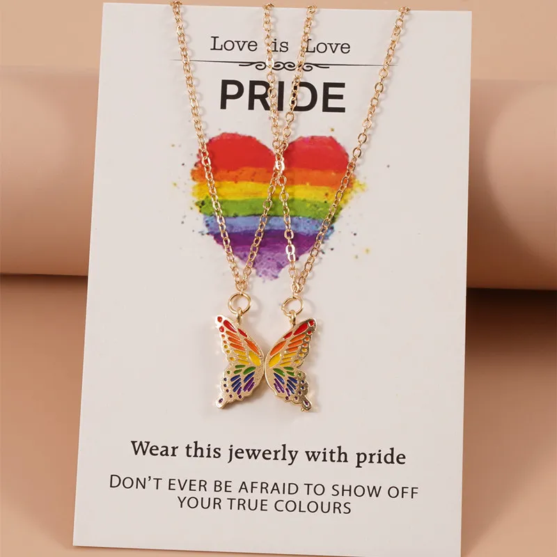 Trendy Regenbogen Schmetterling Anhänger Kette Set für Frauen Paar Stolz Lgbt Tai Chi Email Choker Kette Party Freunde Schmuck Geschenk