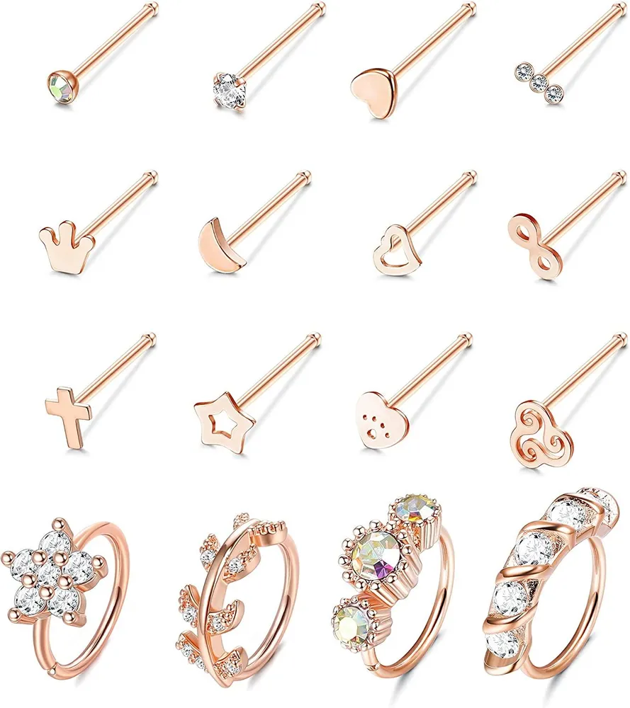 16Pcs 20G Edelstahl Nasen Ringe Schleife für Frauen Männer Knochen Nasen Ringe Studs gepflastert CZ Blumenblatt Herz Mond Nasen Piercing Set