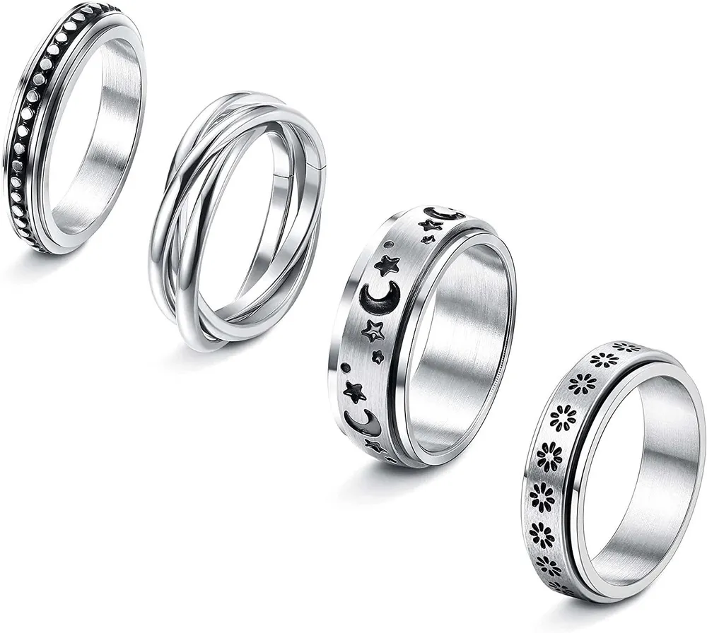 4 Pcs Spinner Ringe für Frauen Edelstahl Fidget Band Ringe Set Mond Stern Blumen Damen Ring für Stress Linderung Hochzeitsversprechen Größe 11