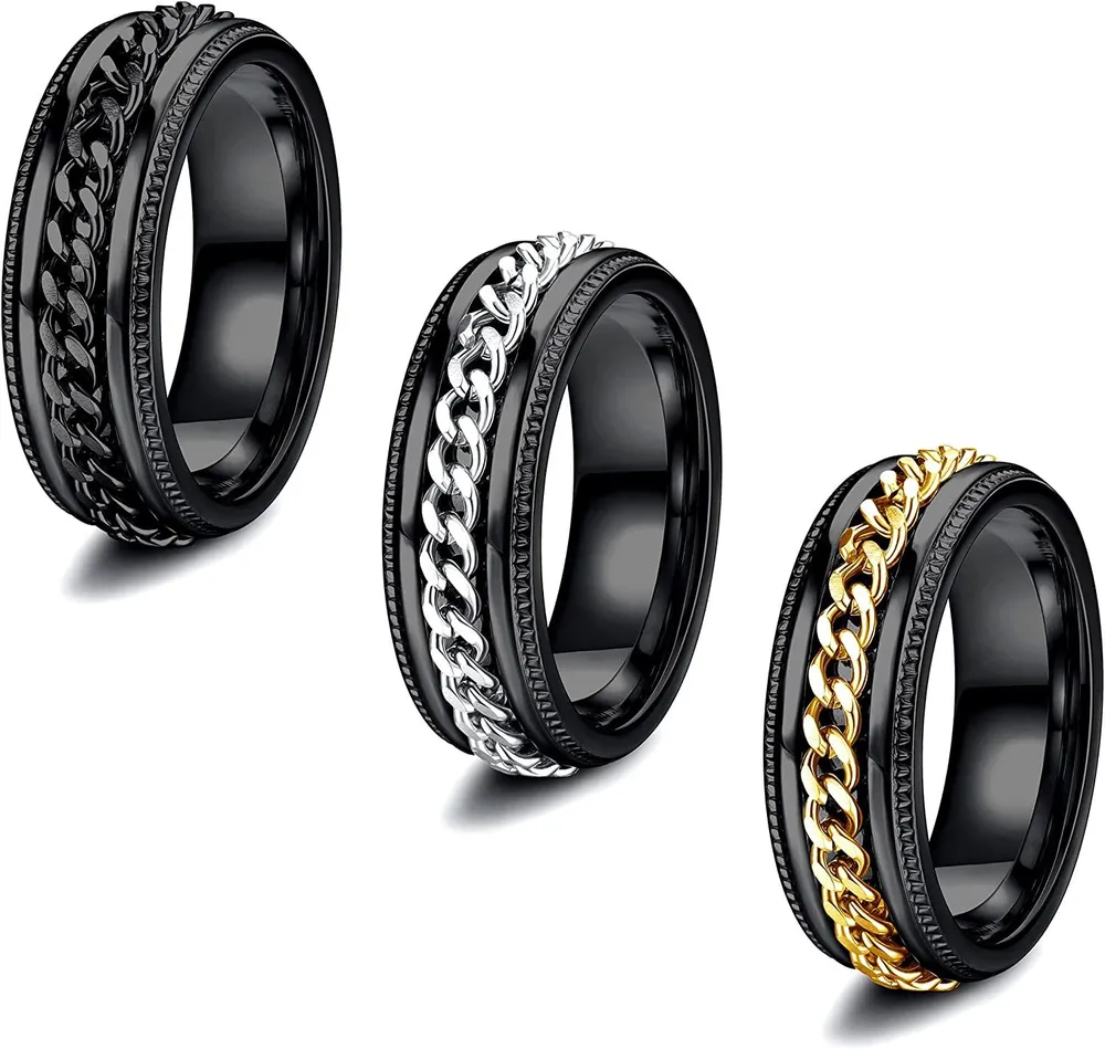 3 Stück 8mm Spinner Ring für Männer Edelstahl Fidget Band Kette Ringe Biker Grooved Edge Cool Hochzeit Versprechen Angst Ring Set Größe 12