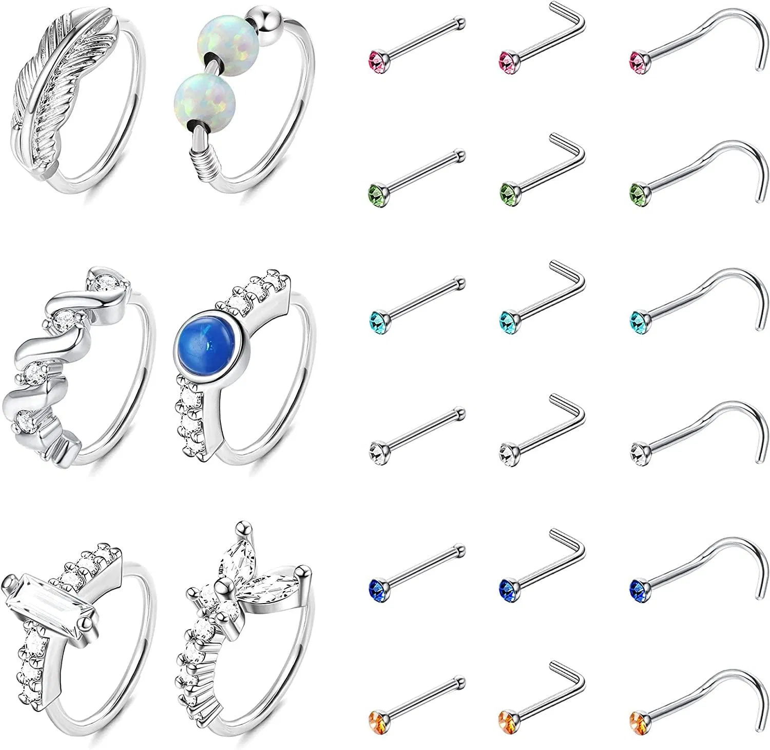 24pcs 20g Nasenringe Studs für Frauen Männer Edelstahl 8mm kleiner Knorpel Tragus Hoop Ohrringe bunte 3mm CZ Nasen Stud L Knochenschraube geformte Nasen Piercing Set