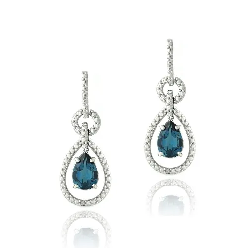 Sterling Silver 3ct London Blue Topaz & Diamond Accent Round & Teardrop Dangle Ohrringe
