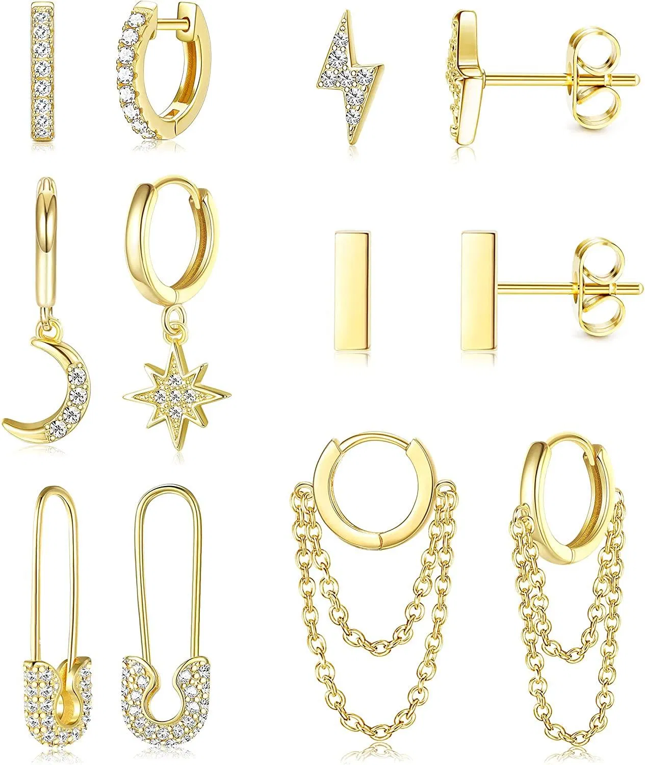 6 Paare Huggie Hoop Ohrringe für Frauen Männer Mond und Stern Dangle Ohrringe Studs Set für Frauen
