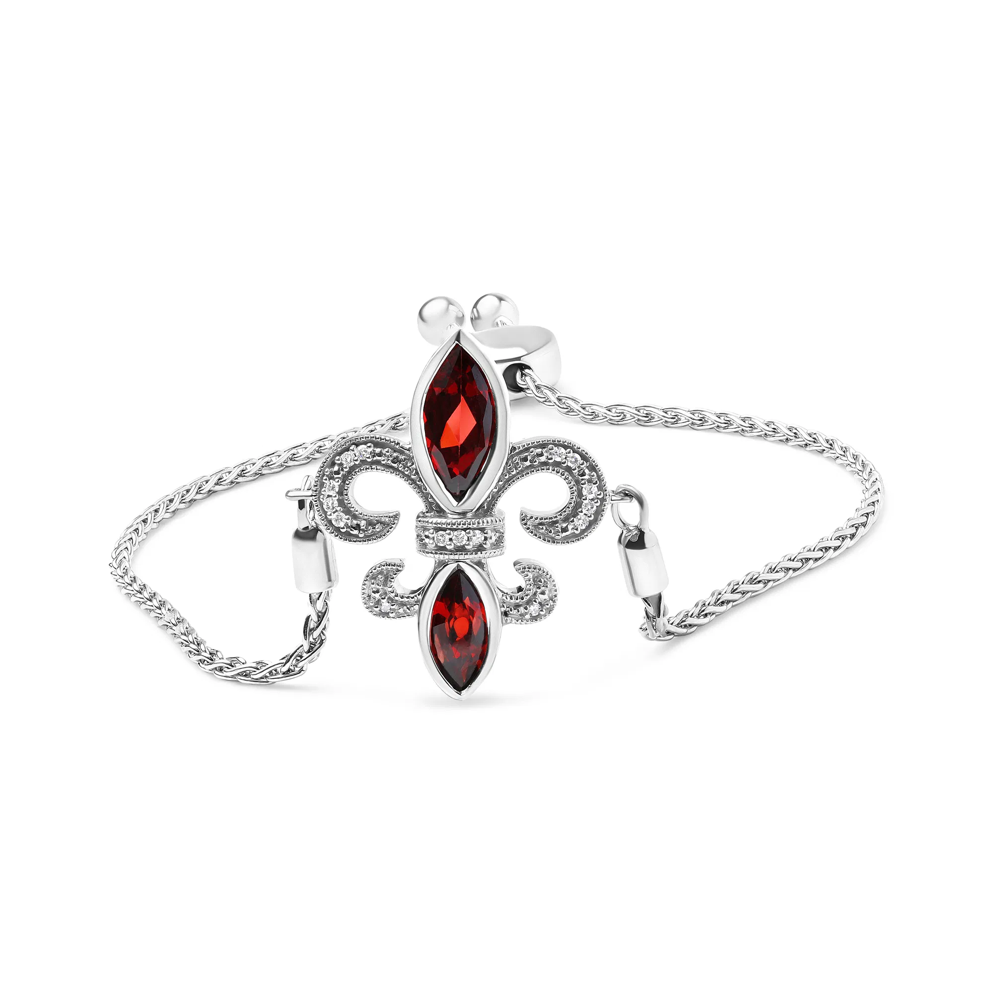 .925 Sterling Silber Marquise Garnet und Diamant Akzent Lariat 4'-10 'Fleur De Lis verstellbares Bolo Armband (H-I Farbe, SI1 - SI2 Klarheit)