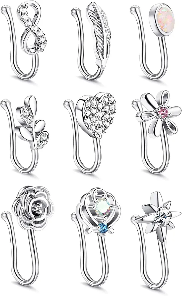 9Pcs Nasenmanschette Falsche Nasenring Clip auf Nasenring Eingezogen CZ Faux Nasenringe Knorpel Tragus Ring Nasenmanschette Nicht Piercing für Frauen Männer