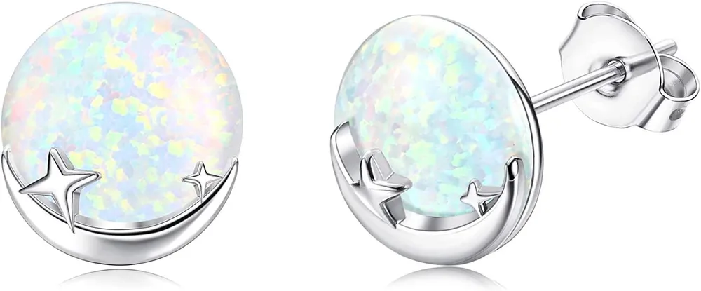 Faux Opal Stud Ohrringe; 925 Sterling Silver Moon Star Planet Ohrringe für Frauen süße hypoallergene Ohrringe für empfindliche Ohren