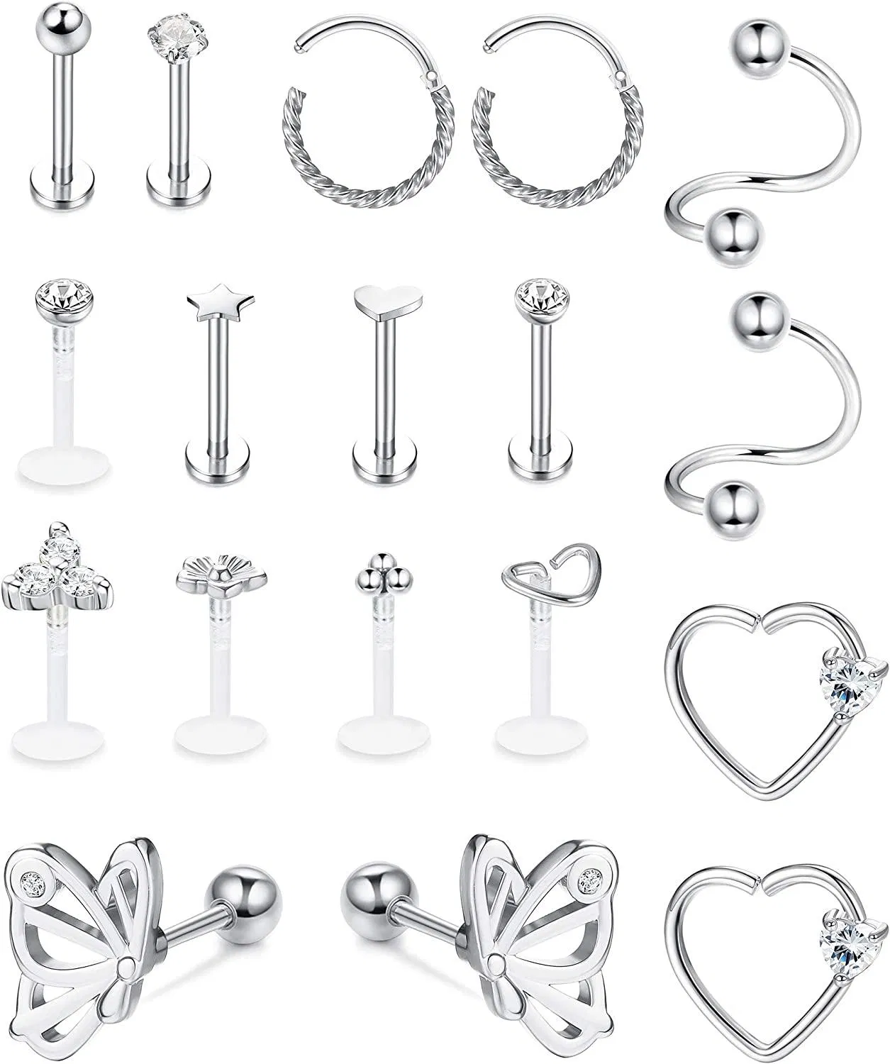 18pcs Edelstahl Ohrknorpel Ohrringe Tragus Ohrringe Schreifen für Frauen Helix Conch Piercing CZ Barbell Stud 16G Stud Ohrringe Körperschmuck