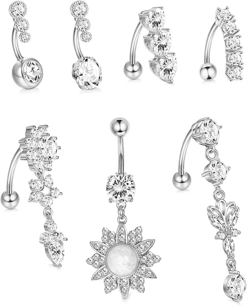 7 Stück Dangle Bauchknopfringe für Frauen Chirurgischer Stahl Clear CZ Barbell Bauchringe Piercing Reverse Curved Navel Ring Body Jewelry 14G
