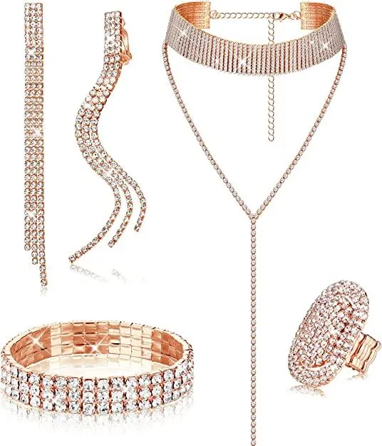 Rhinestone für Frauen Crystal Choker Kette Glitter Fringe Dangle Ohrringe Bling Stretch Armband Oval Ring Hochzeit Braut Kostüm Set